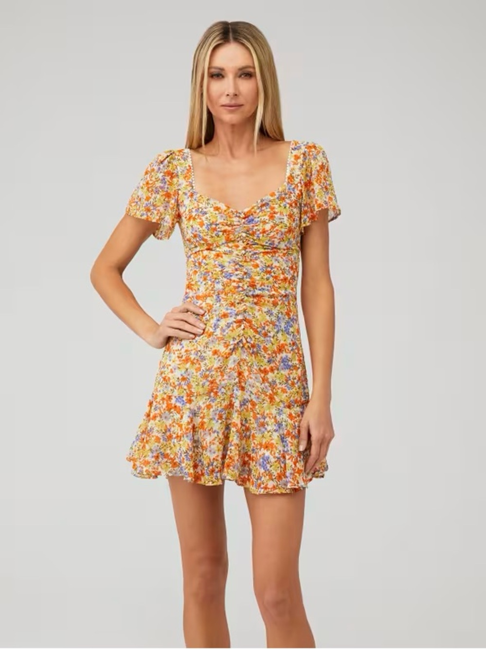 Astr Yellow Floral Mini Dress with Orange & Lavender Accents